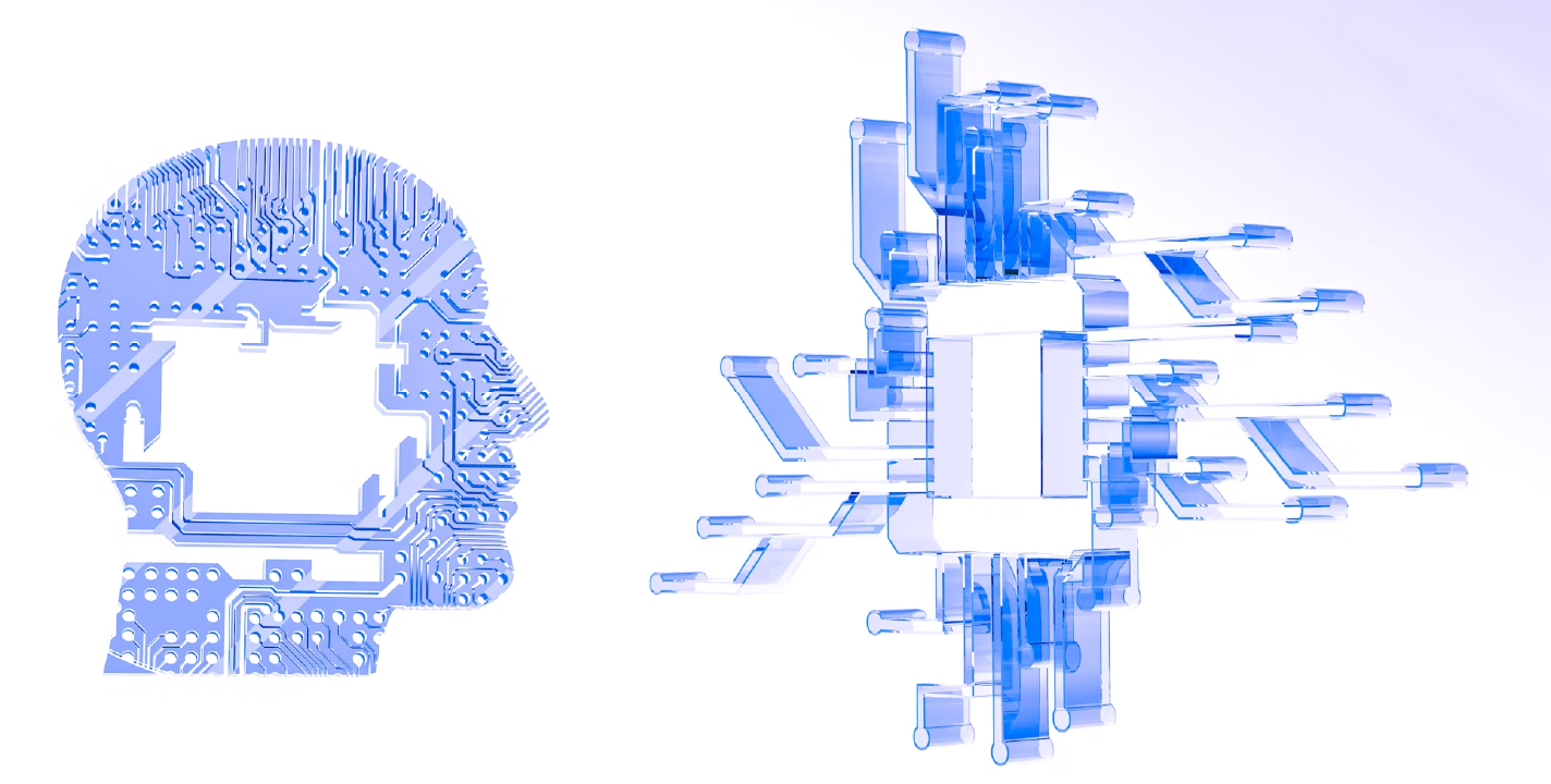 Generative AI concept with digital human head and futuristic data visualization
