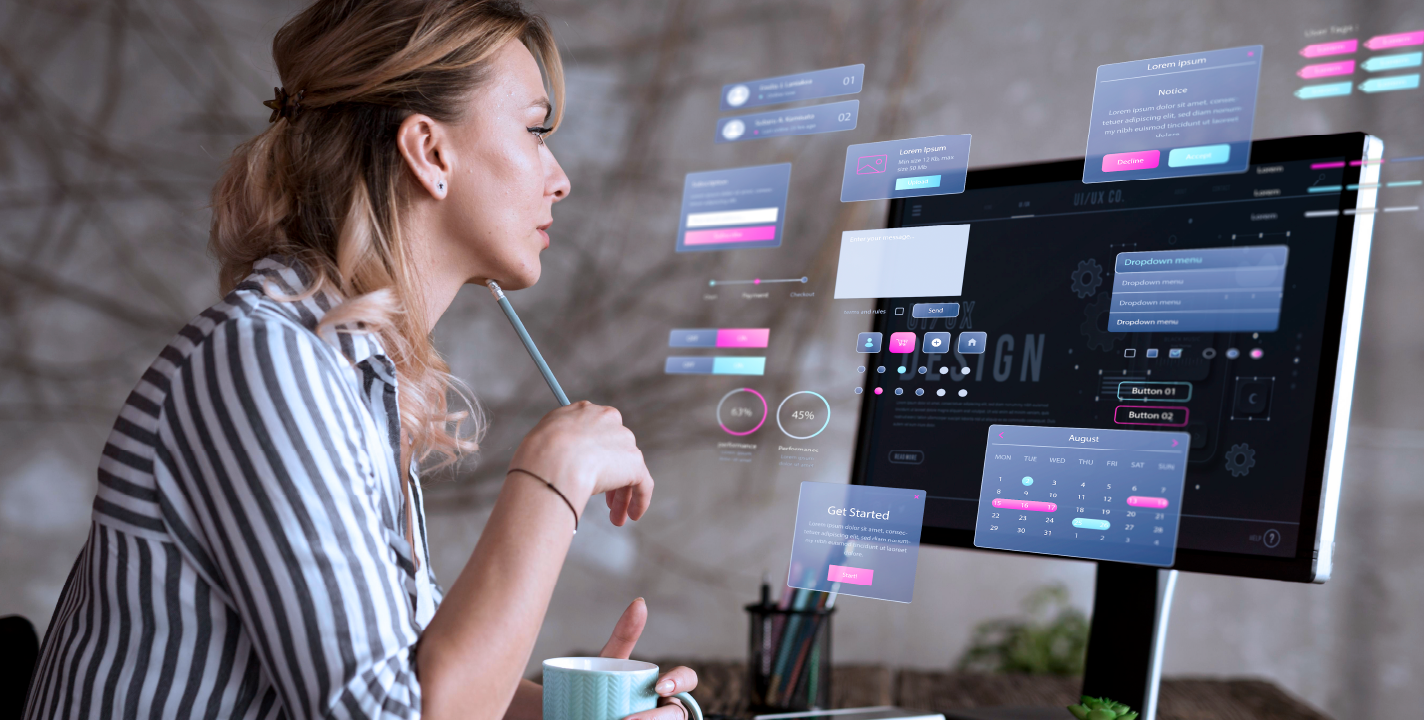 Full-Stack Web Development professional designing interactive UI/UX elements on a digital interface