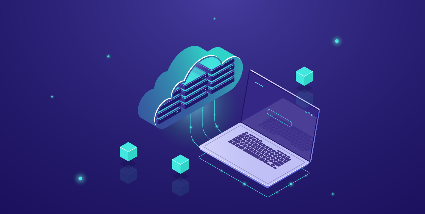Cloud migration illustration showing data transfer from laptop to cloud server