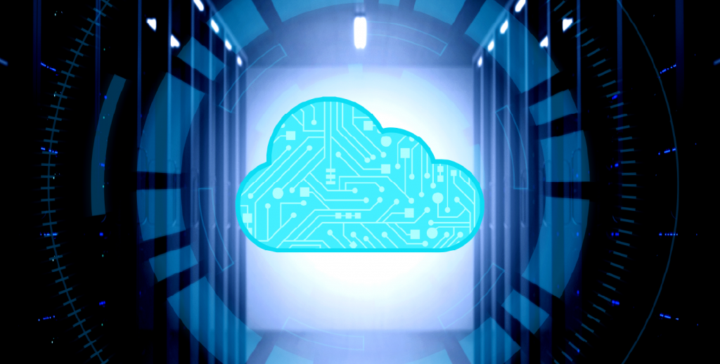 Application refactoring concept with digital cloud icon inside futuristic data server room