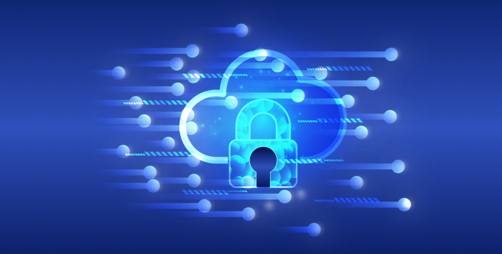 Cloud security concept with encryption and IAM protection in a secure digital environment
