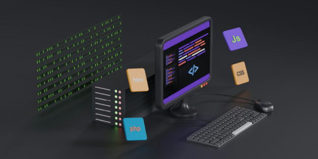 API development and integration visualized through a 3D computer setup displaying code