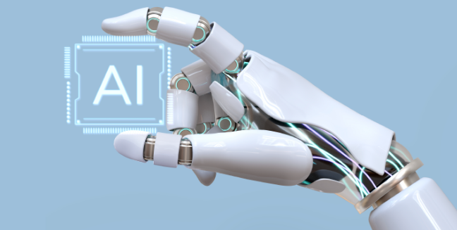 Generative AI in your industry transforming business operations with a robotic hand interacting with AI technology chip