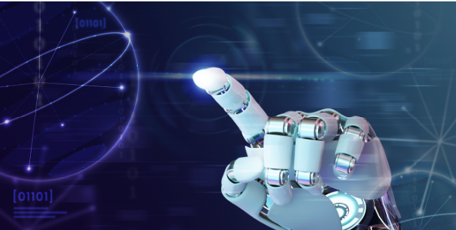 Leverage AWS for your AI & ML journey with futuristic robotic hand interacting with global data visualization