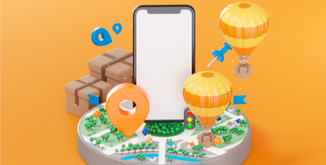 CI/CD implementation with mobile app, delivery boxes, map navigation, and automation icons