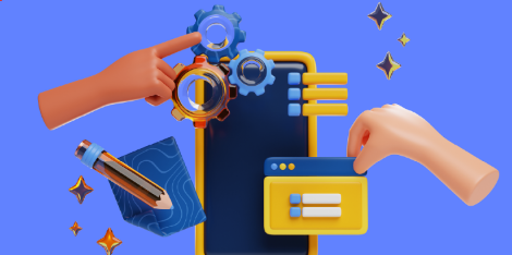 Cloud-native application development concept showing hands configuring a mobile app interface