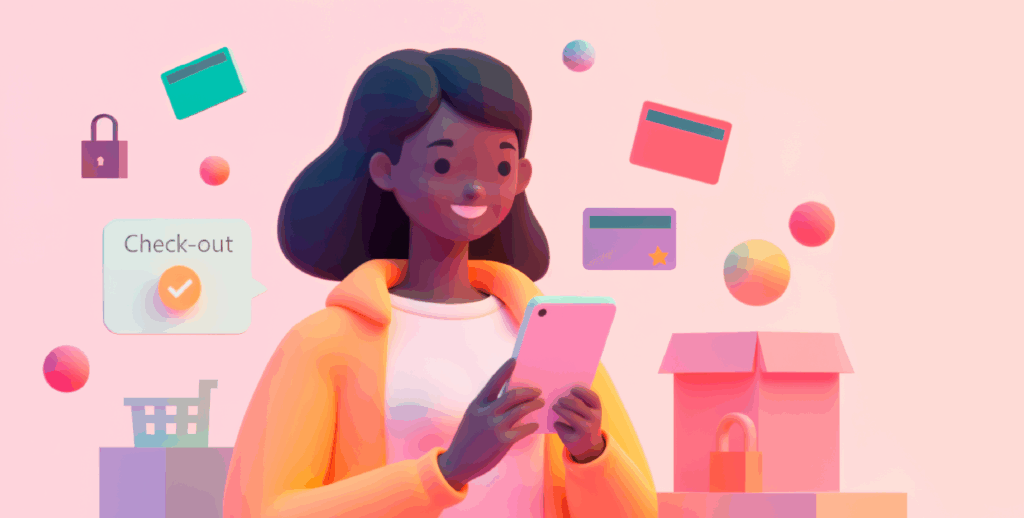 Generative AI enhancing retail personalization with a smiling shopper using mobile checkout
