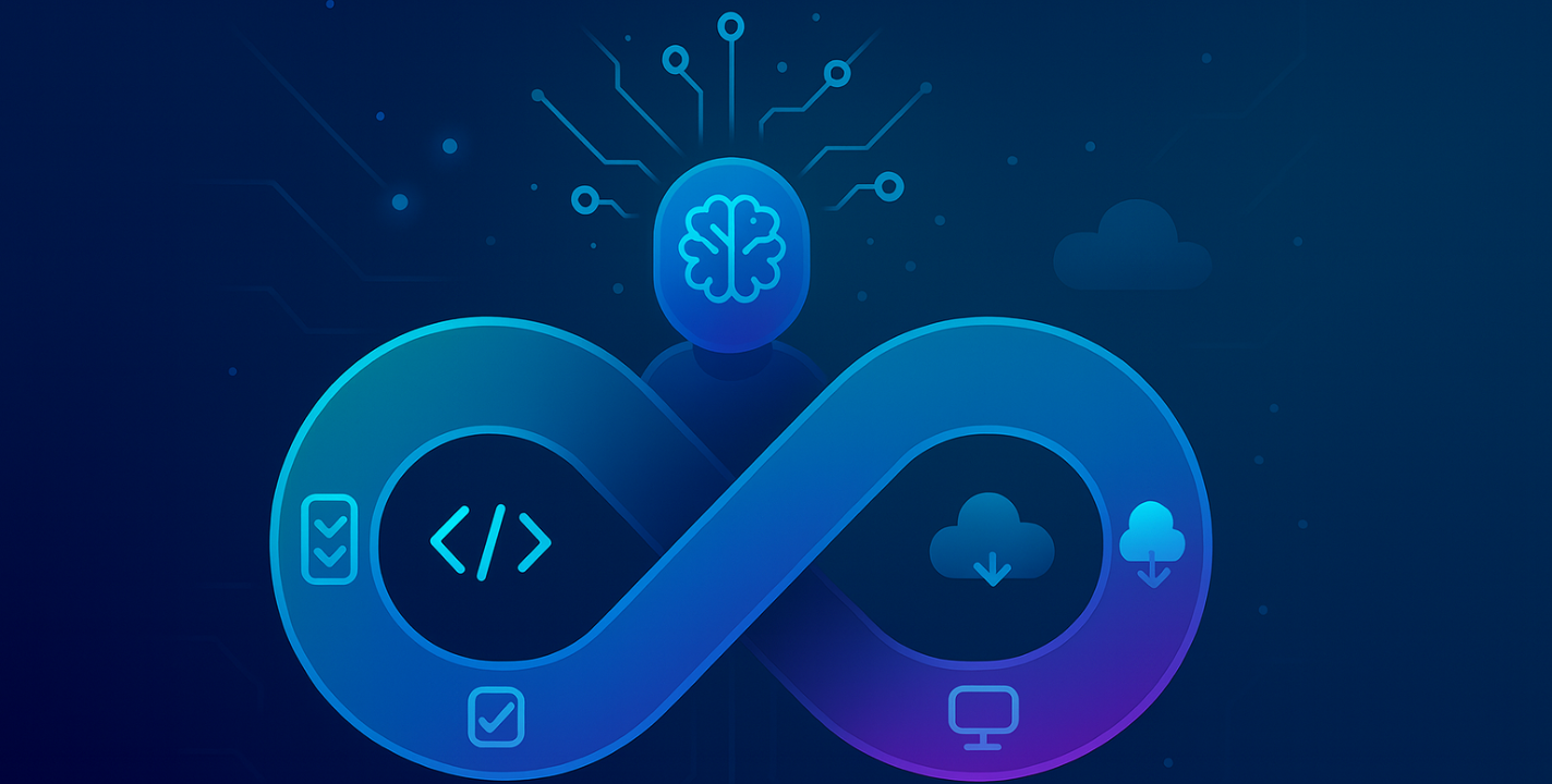 AI in DevOps 2025 concept showing machine learning transforming CI/CD pipelines, predictive analytics, and automated software delivery.
